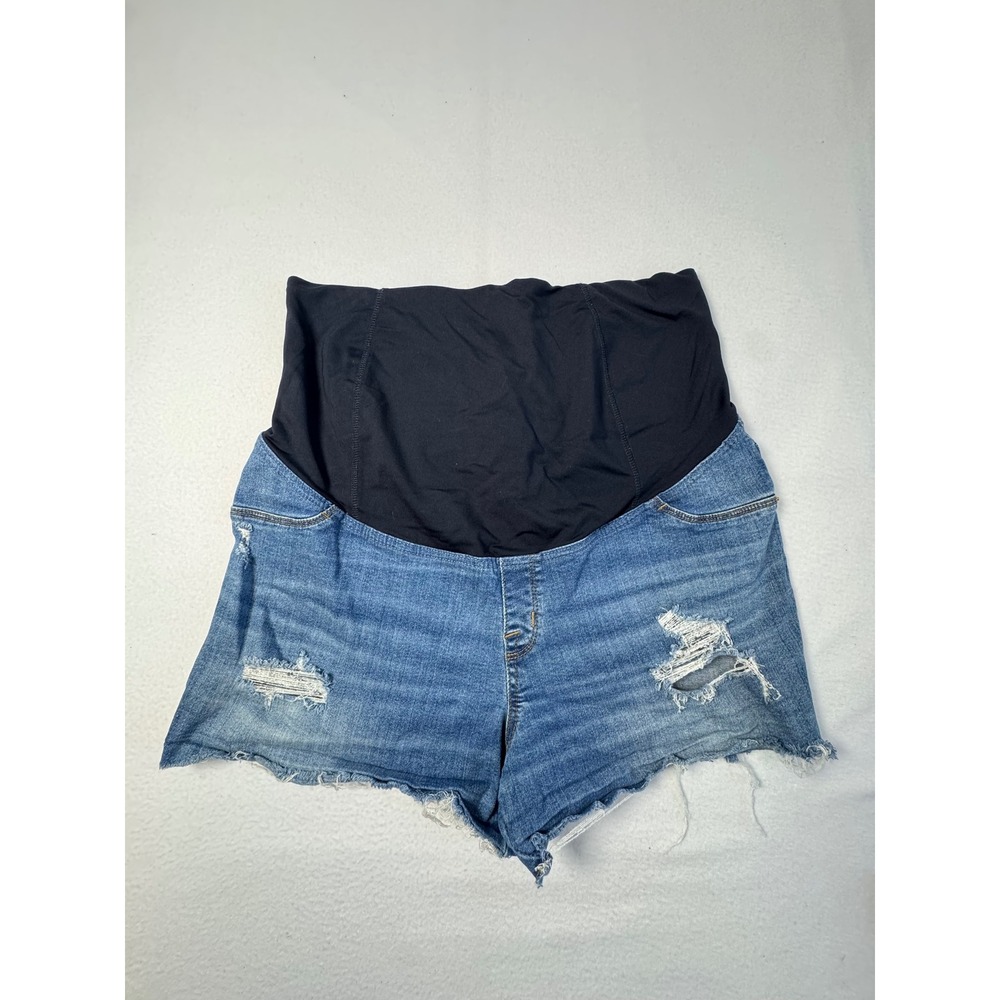 Distressed Isabel Maternity 14/32 Midi Shorts Blue Denim‎ Raw Hem Over Belly